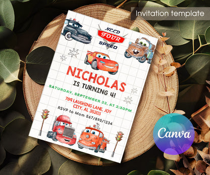 Cars Lightning Mcqueen Four customizable invitation template | Share or Print | boy | LT295