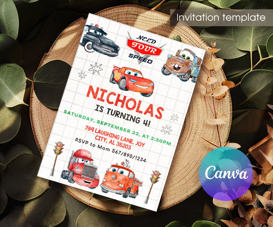 Cars Lightning Mcqueen Four customizable invitation template | Share or Print | boy | LT295