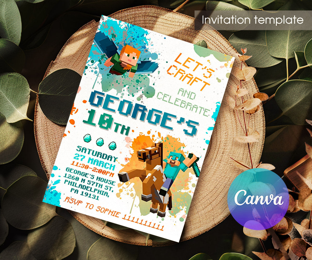 Minecraft Gamer customizable invitation template | Share or Print | DY831