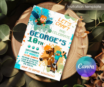 Minecraft Gamer customizable invitation template | Share or Print | DY831