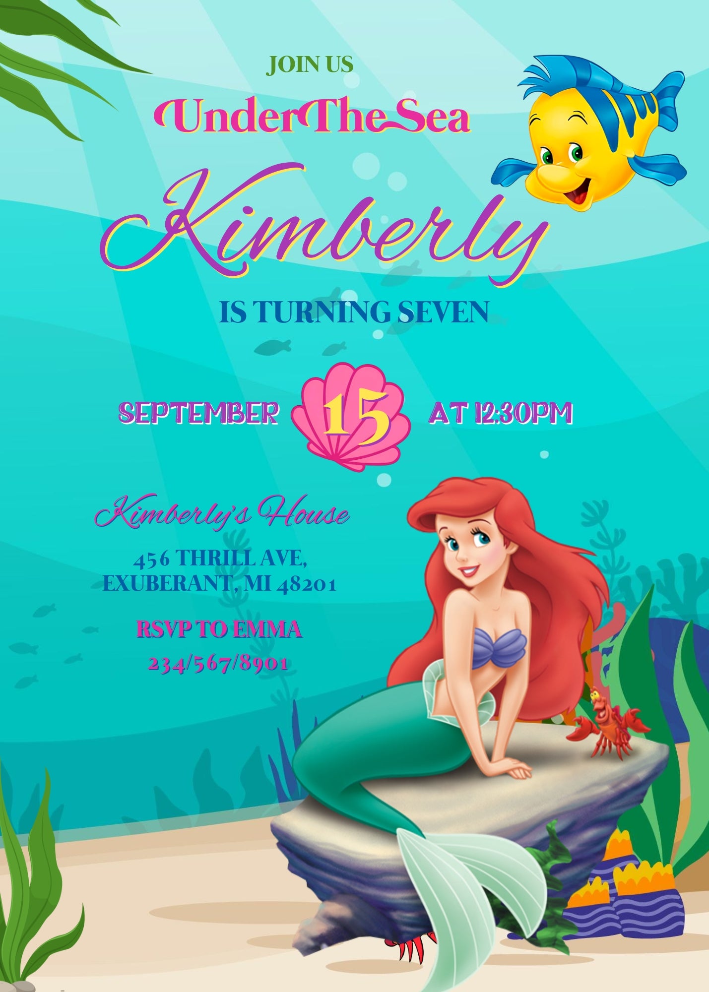 Ariel The Little Mermaid customizable invitation template | Share or Print | girl | GL198