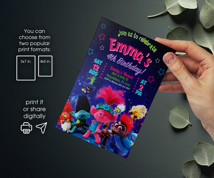 Trolls Poppy customizable invitation template | Share or Print | KN011