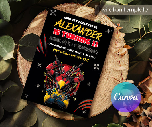Deadpool Wolverine Marvel customizable invitation template | Share or Print | boy | DH775