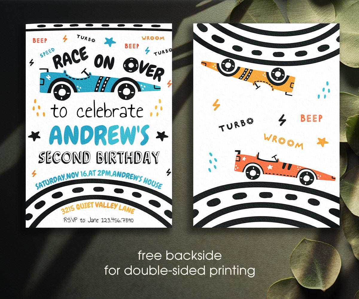 Race Car 2nd Bday Watercolor customizable invitation template | Share or Print | boy | IP305