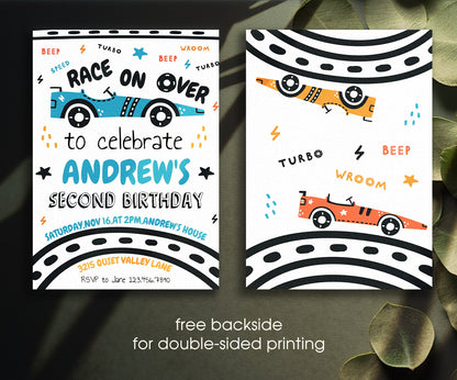 Race Car 2nd Bday Watercolor customizable invitation template | Share or Print | boy | IP305