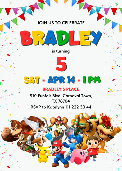 Super Smash Mario Bros customizable invitation template | Share or Print | SO185