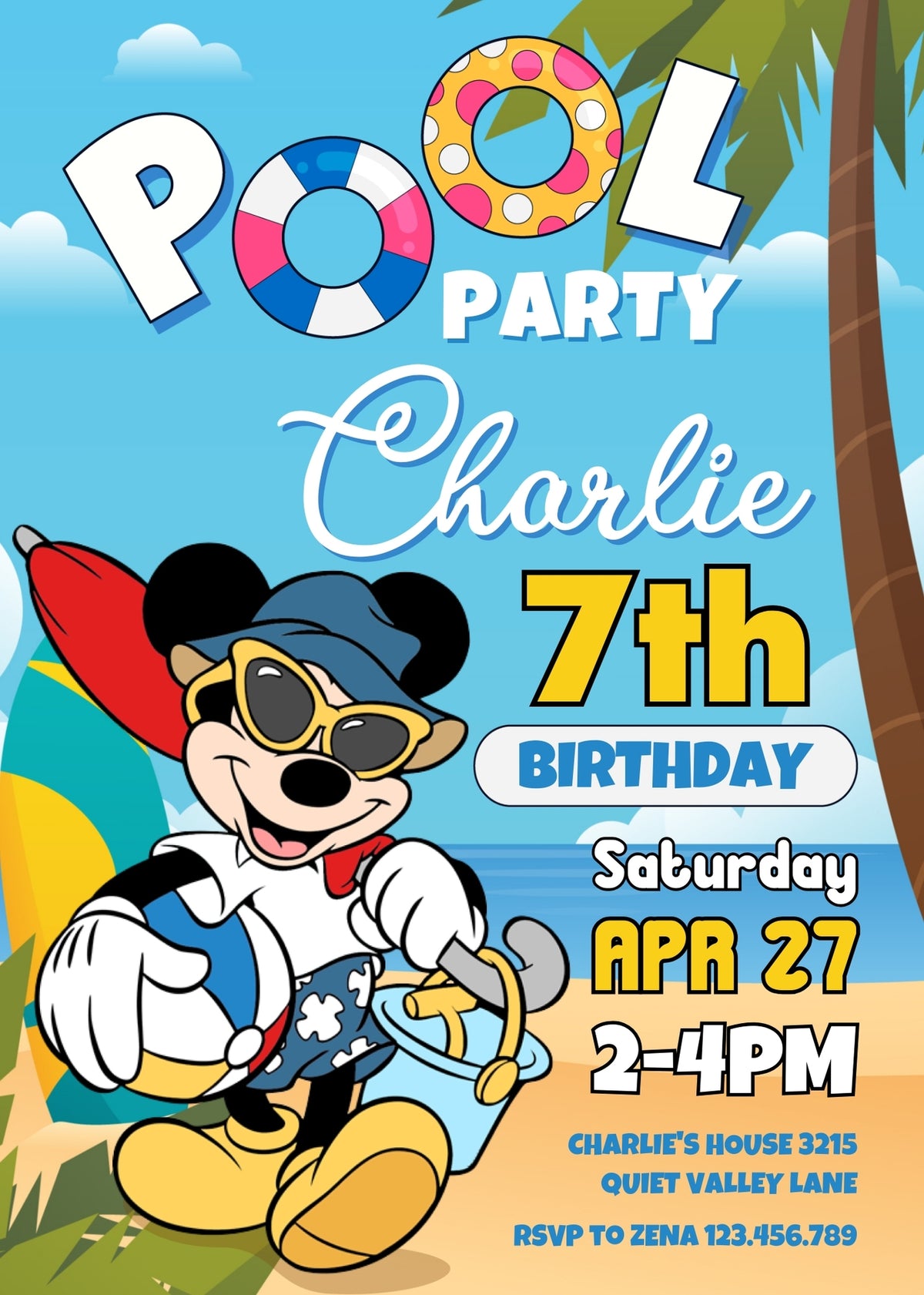 Mickey Mouse Pool Party customizable invitation template | Share or Print | DW803