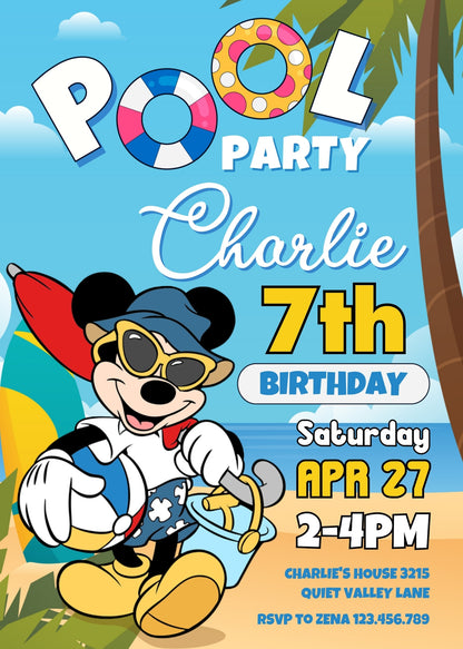 Mickey Mouse Pool Party customizable invitation template | Share or Print | DW803