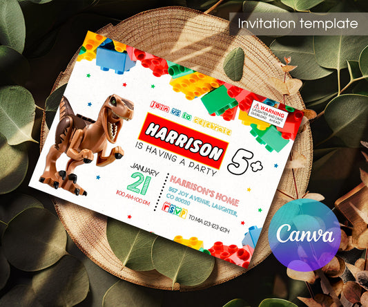 Lego Dinosaur T-Rex customizable invitation template | Share or Print | LM332