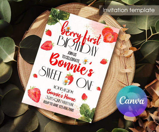 Berry First Birthday customizable invitation template | Share or Print | girl | OS107