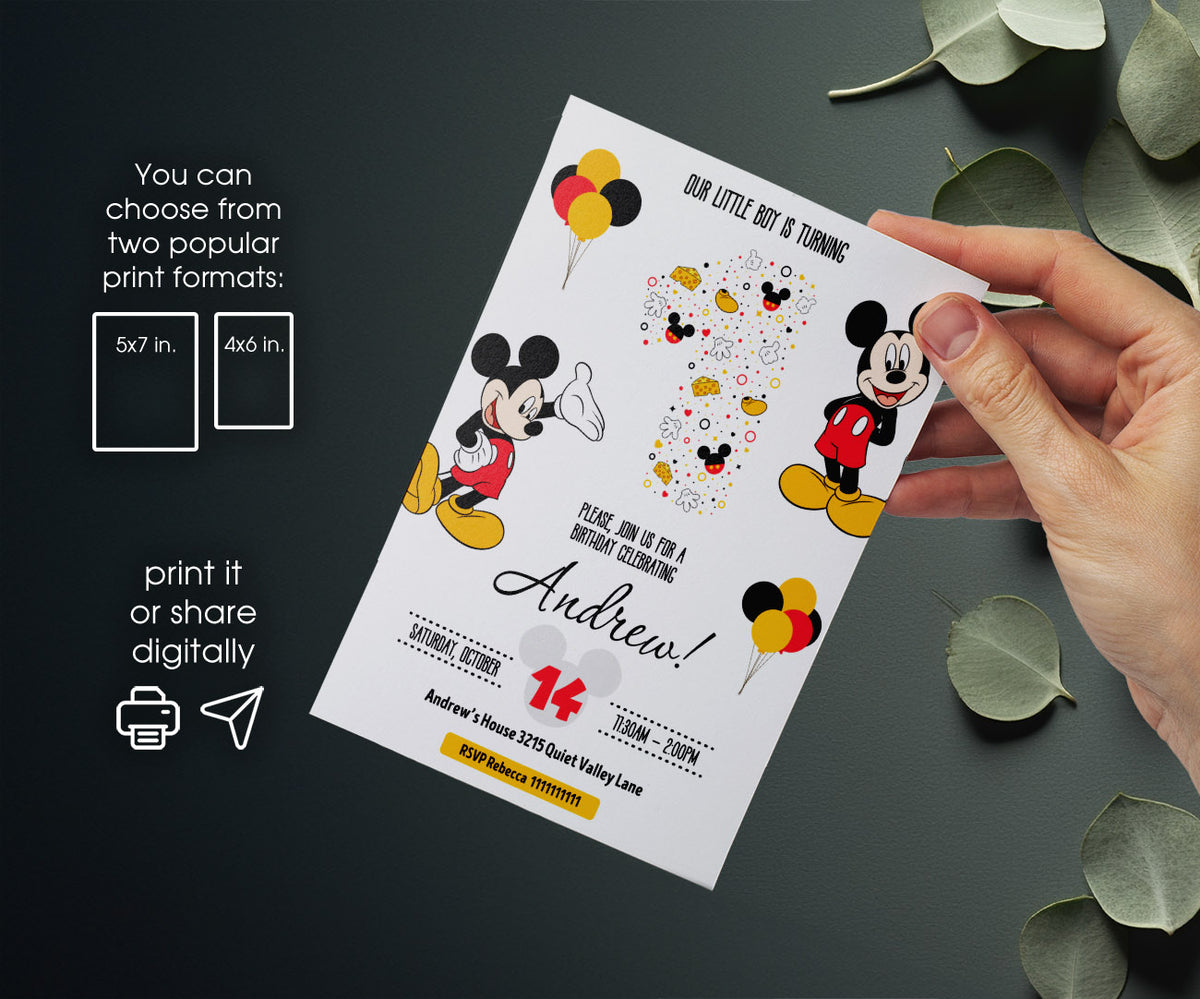 Mickey Mouse 1st Birthday customizable invitation template | Share or Print | QN529