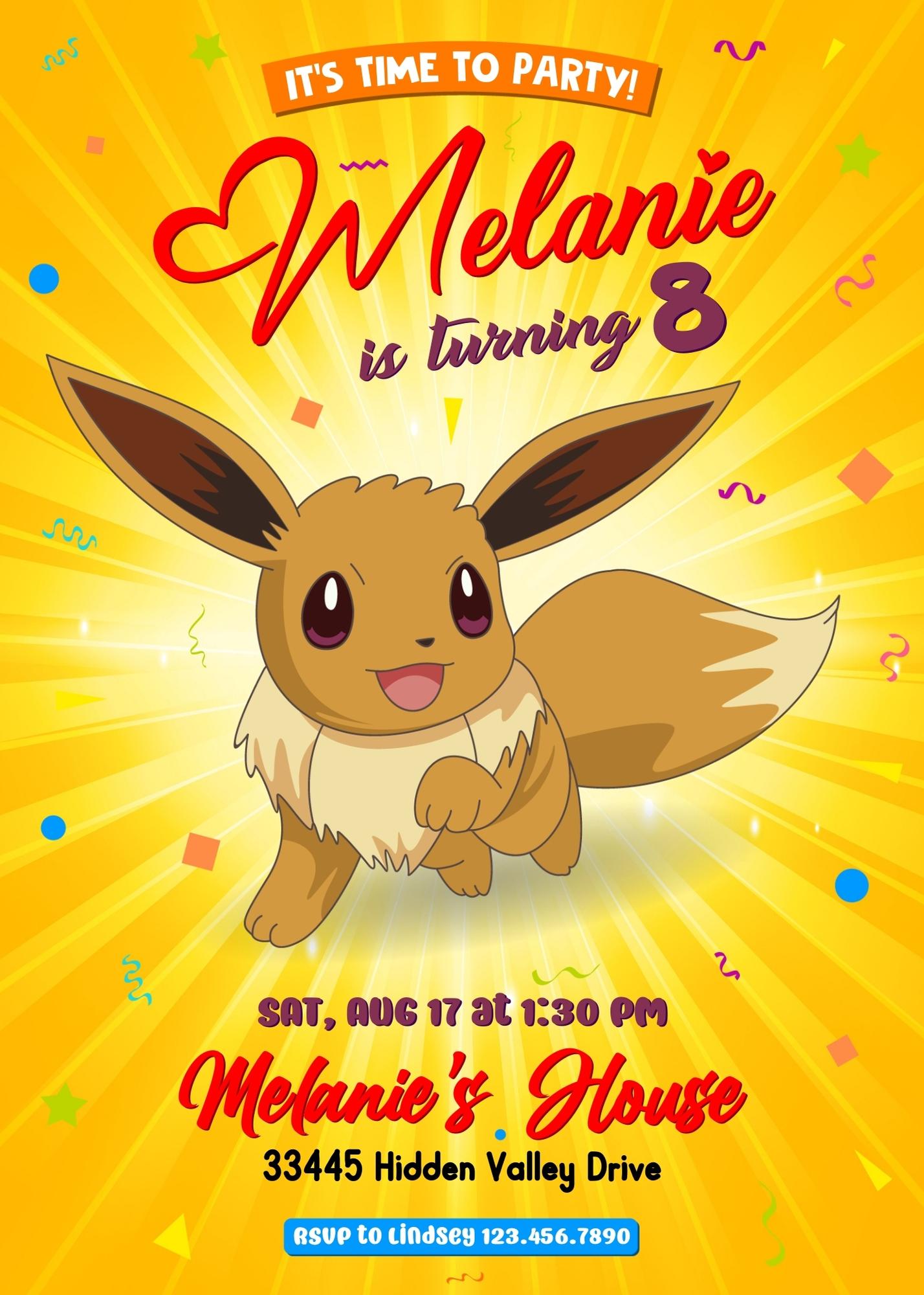 Eevee Pokemon Anime customizable invitation template | Share or Print | SX974