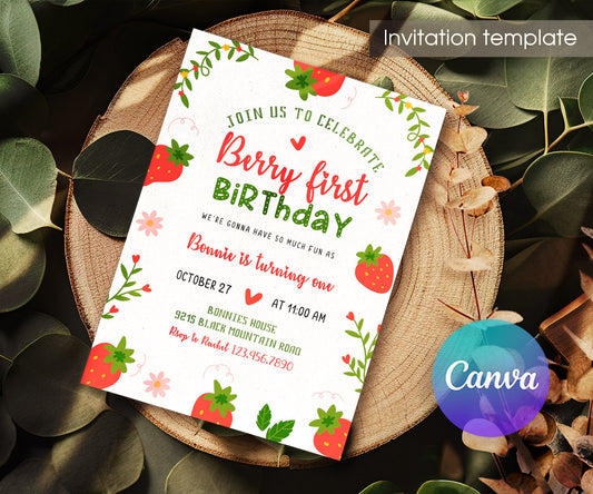 Berry First Birthday customizable invitation template | Share or Print | girl | DN337