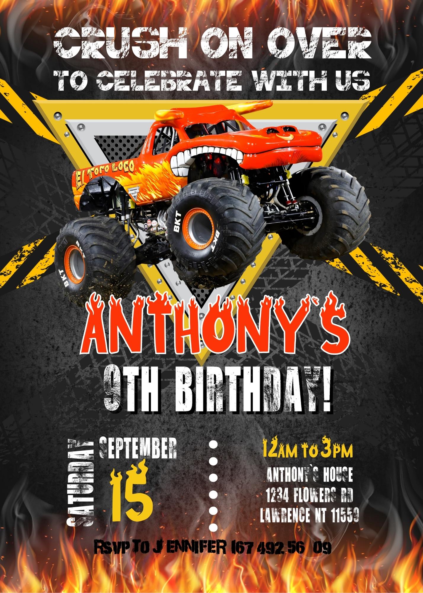 El Toro Loco Monster Jam Truck customizable invitation template | Share or Print | boy | PC306