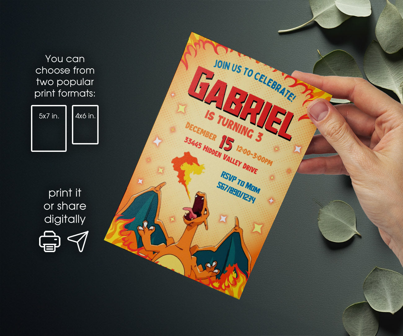 Charizard Pokemon Anime customizable invitation template | Share or Print | FS618
