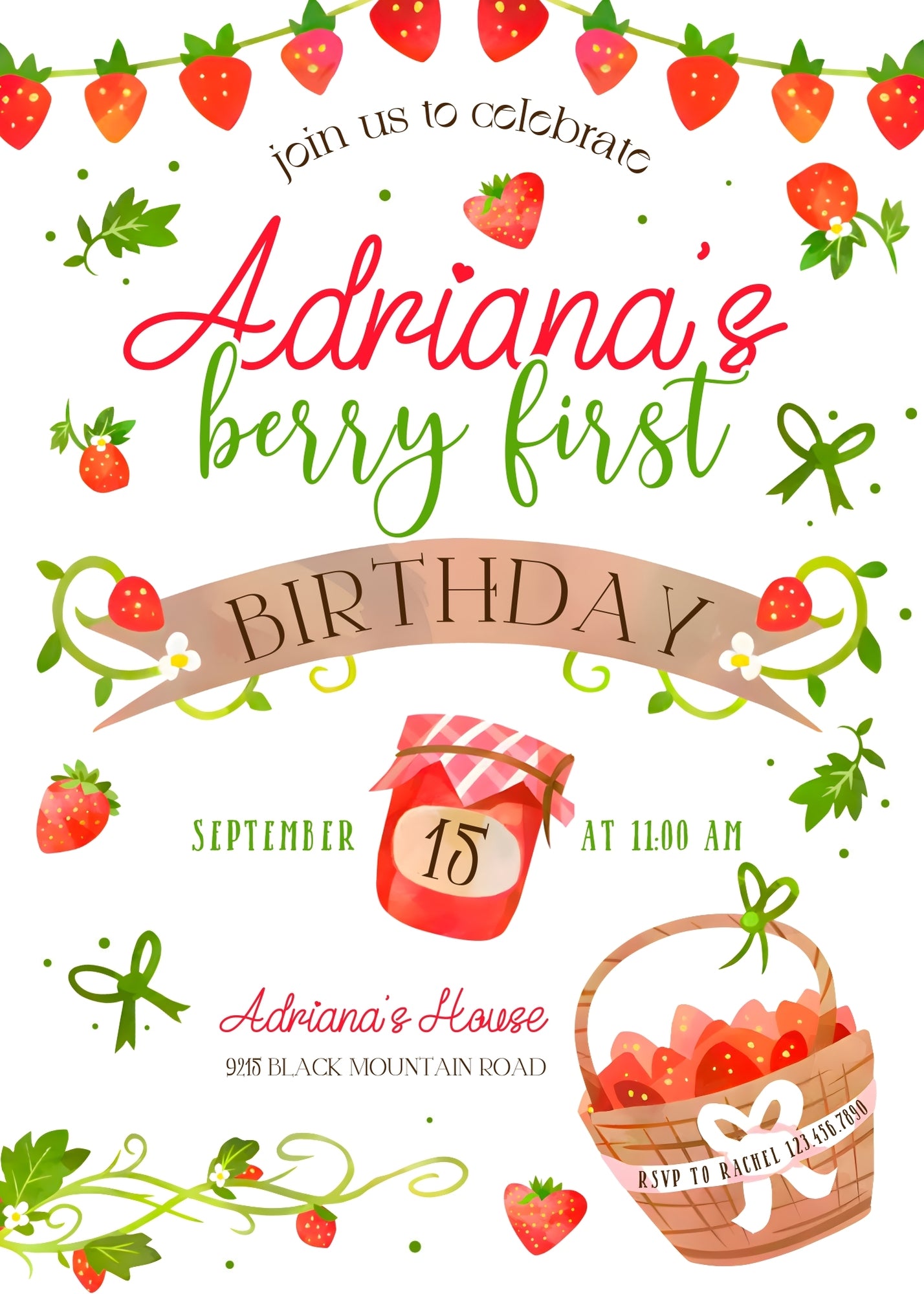 Berry First Birthday customizable invitation template | Share or Print | girl | LP089