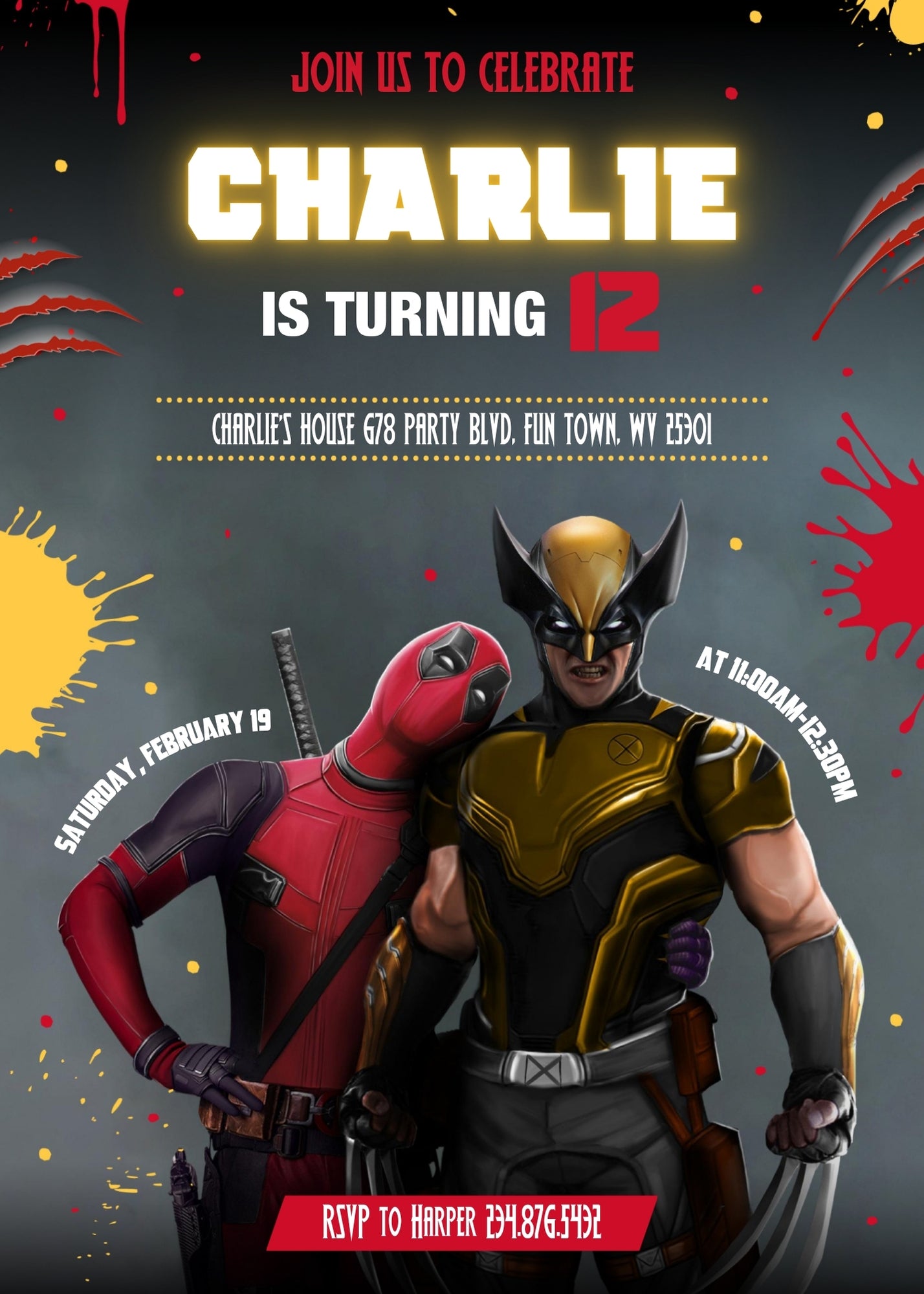 Deadpool Wolverine Marvel customizable invitation template | Share or Print | boy | EK329