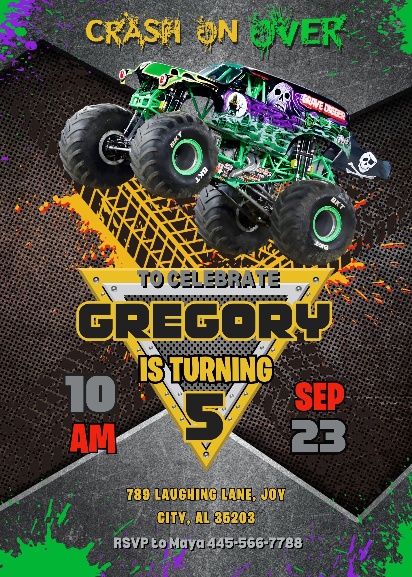 Garve Digger Monster Jam Truck customizable invitation template | Share or Print | boy | IE765