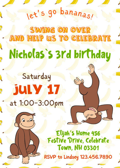 Curious George Monkey customizable invitation template | Share or Print | VI460