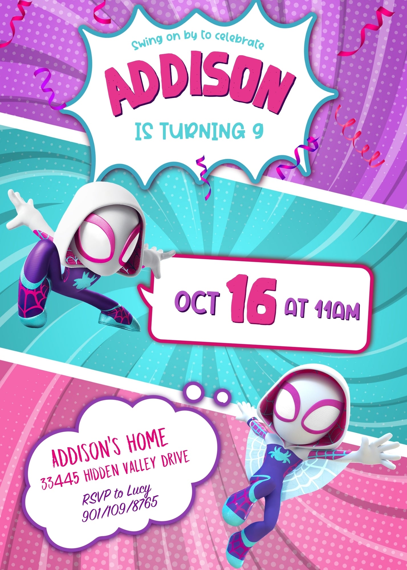 Spider Gwen Ghost Spidey customizable invitation template | Share or Print | girl | KN222
