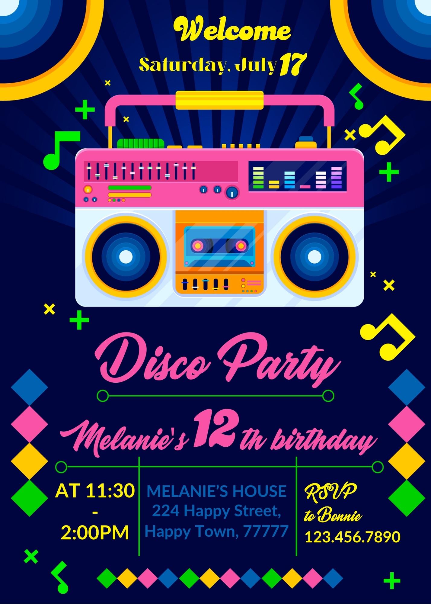 Disco Party 80th 90th customizable invitation template | Share or Print | AV231