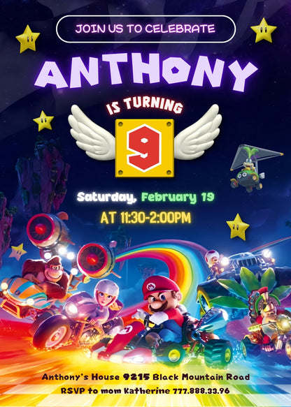 Mario Kart Gamer customizable invitation template | Share or Print | boy | TB807