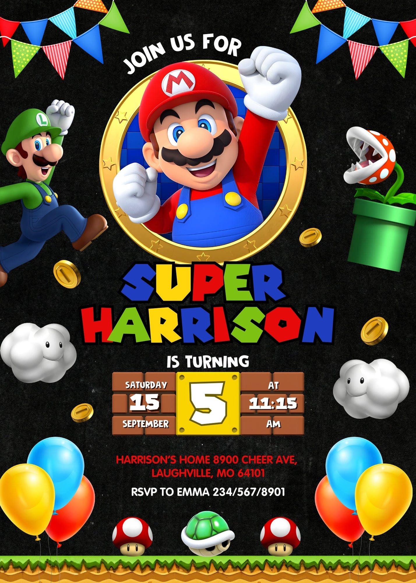 Super Mario Bros customizable invitation template | Share or Print | FE298