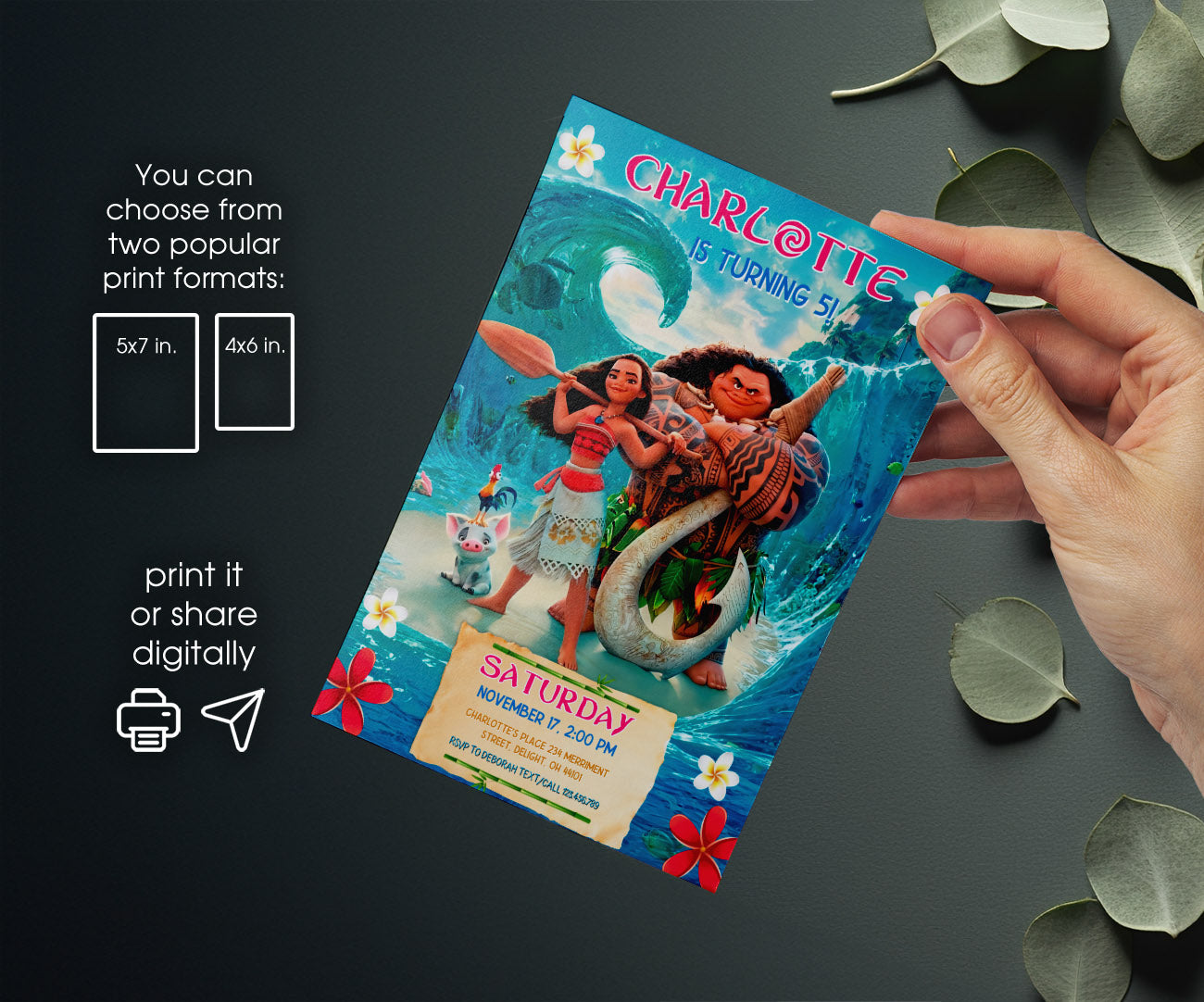 Moana Princess customizable invitation template | Share or Print | girl | CE445
