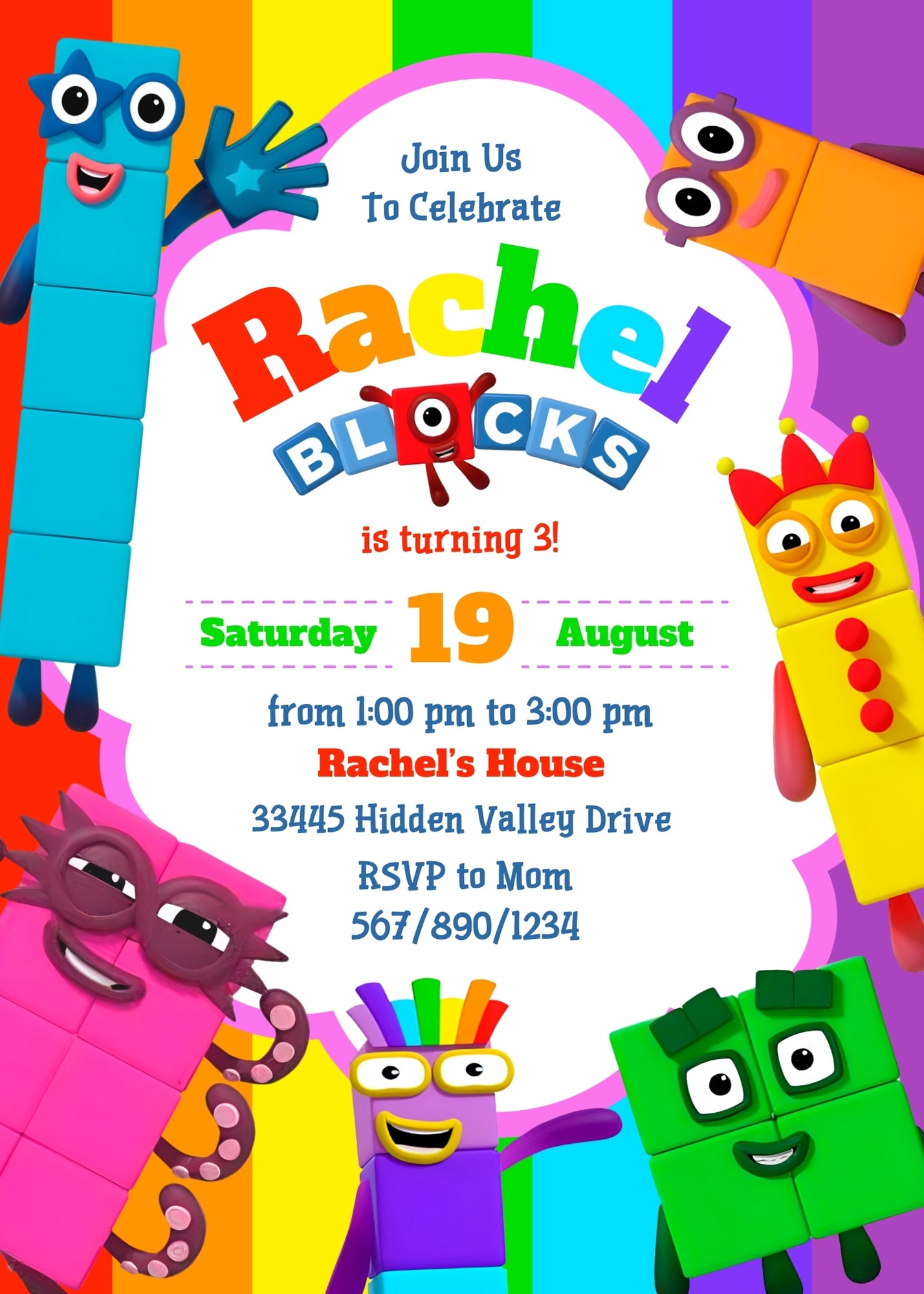 Numberblocks customizable invitation template | Share or Print | PA519