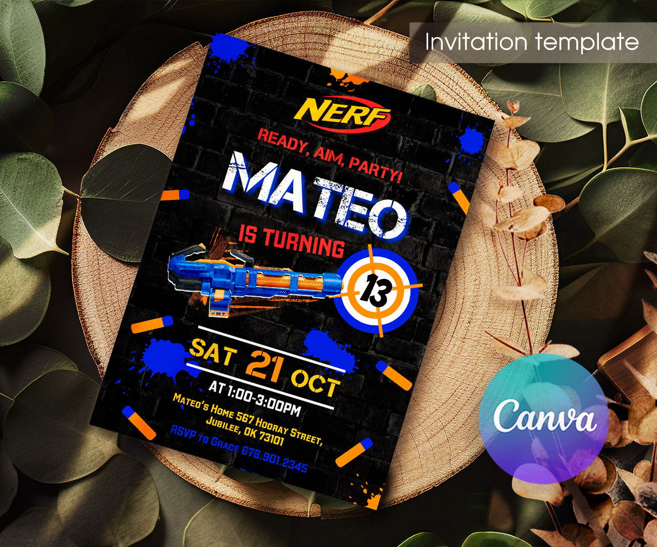 NERF Dart Wars customizable invitation template | Share or Print | boy | RA448