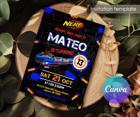NERF Dart Wars customizable invitation template | Share or Print | boy | RA448