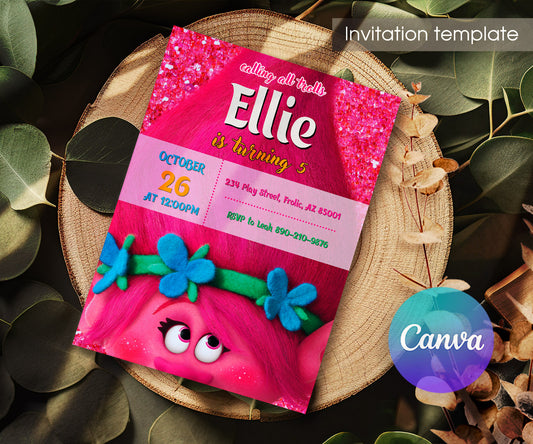 Trolls Poppy customizable invitation template | Share or Print | QR304