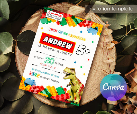Lego Dinosaur T-Rex customizable invitation template | Share or Print | CT793
