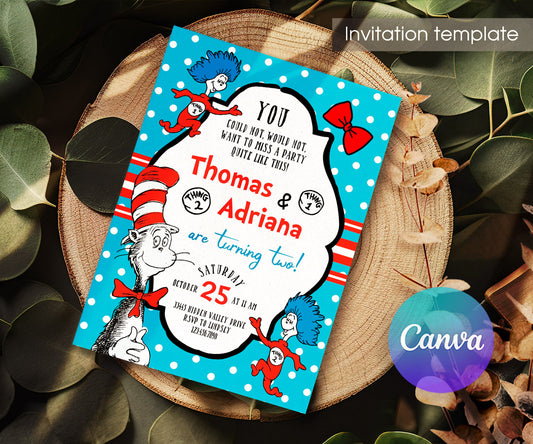 Dr Seuss The Cat in the Hat Twins customizable invitation template | Share or Print | BZ945