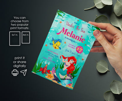 Ariel The Little Mermaid customizable invitation template | Share or Print | girl | UA743
