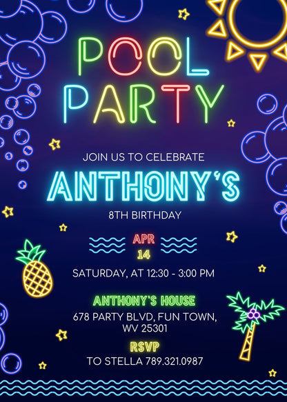 Neon Pool Party customizable invitation template | Share or Print | boy | PQ373