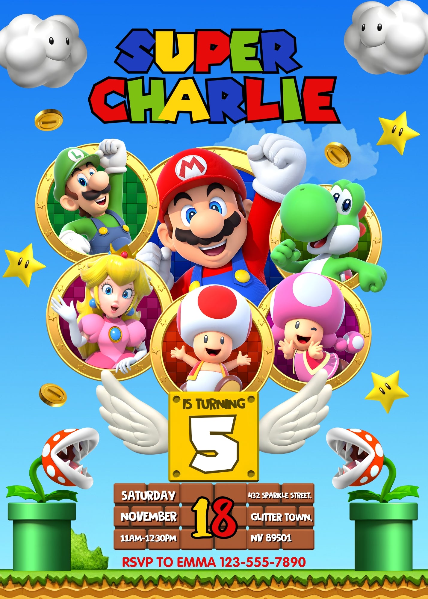 Super Mario Bros customizable invitation template | Share or Print | FK226