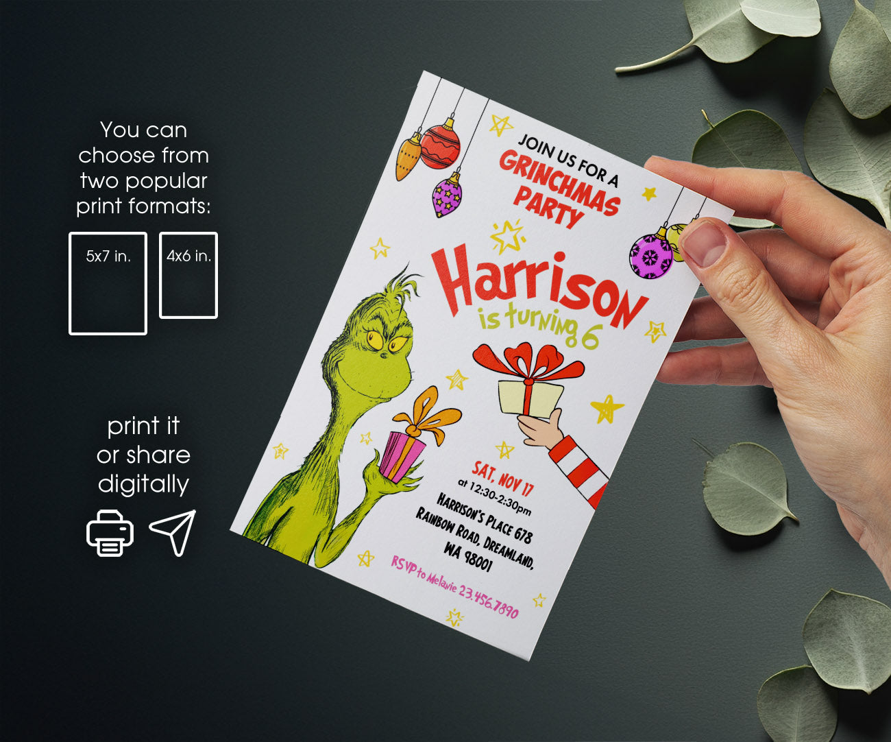 Dr Seuss How the Grinch Stole Christmas customizable invitation template | Share or Print | TL855
