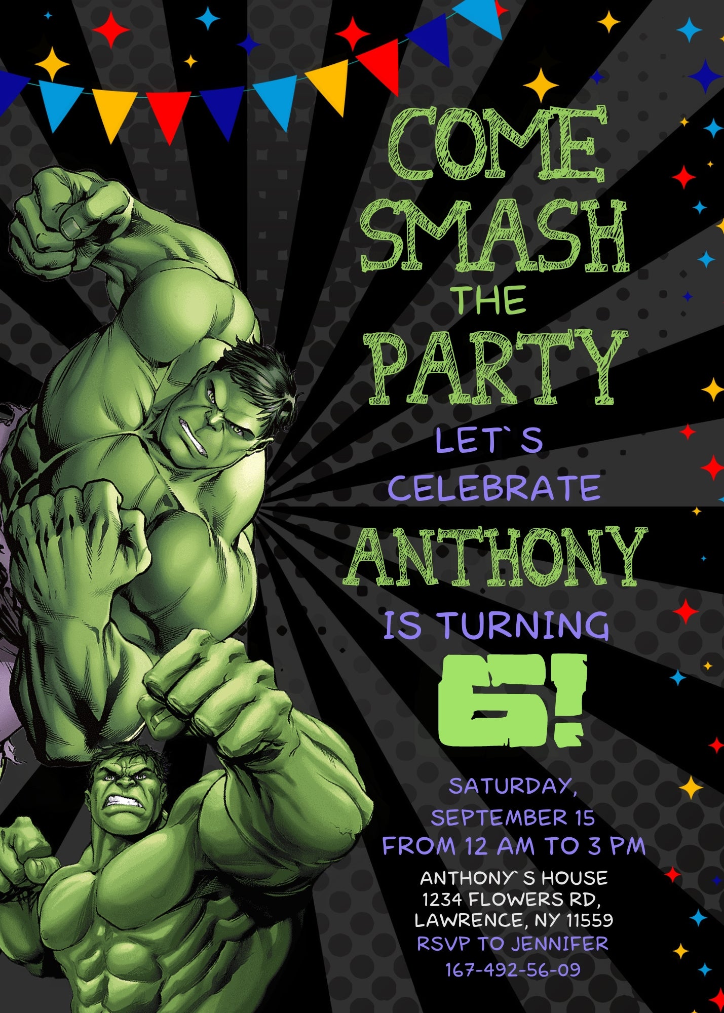 Hulk The Avengers Marvel Superhero customizable invitation template | Share or Print | boy | EM033