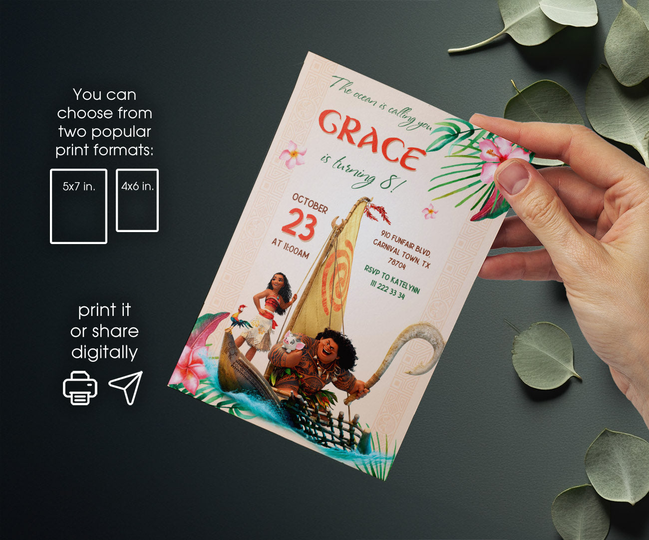 Moana Princess customizable invitation template | Share or Print | girl | NC266