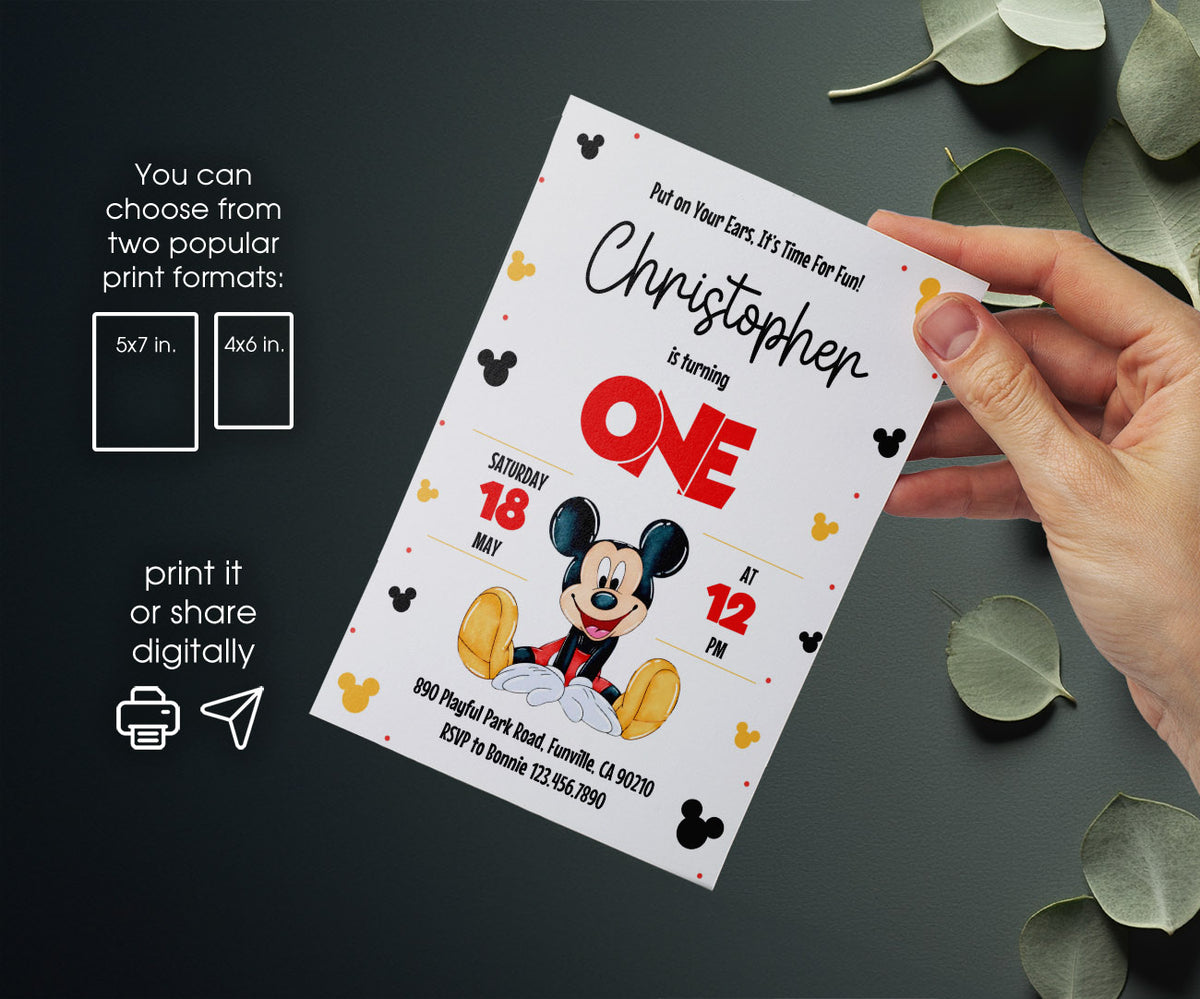 Mickey Mouse 1st Birthday customizable invitation template | Share or Print | XH200