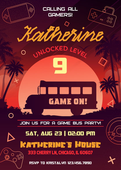 Video Game Bus Gamer customizable invitation template | Share or Print | boy | AA994