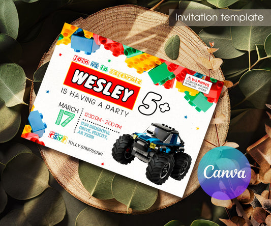Lego Monster Truck customizable invitation template | Share or Print | boy | NG985