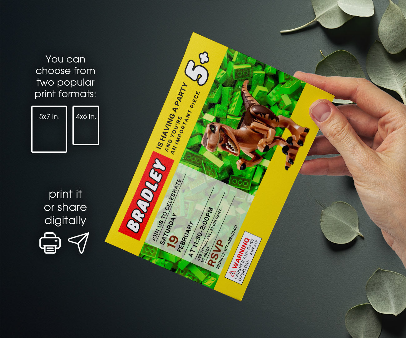 Lego Dinosaur T-Rex customizable invitation template | Share or Print | AA799
