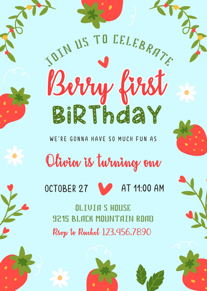 Berry First Birthday customizable invitation template | Share or Print | girl | IO017