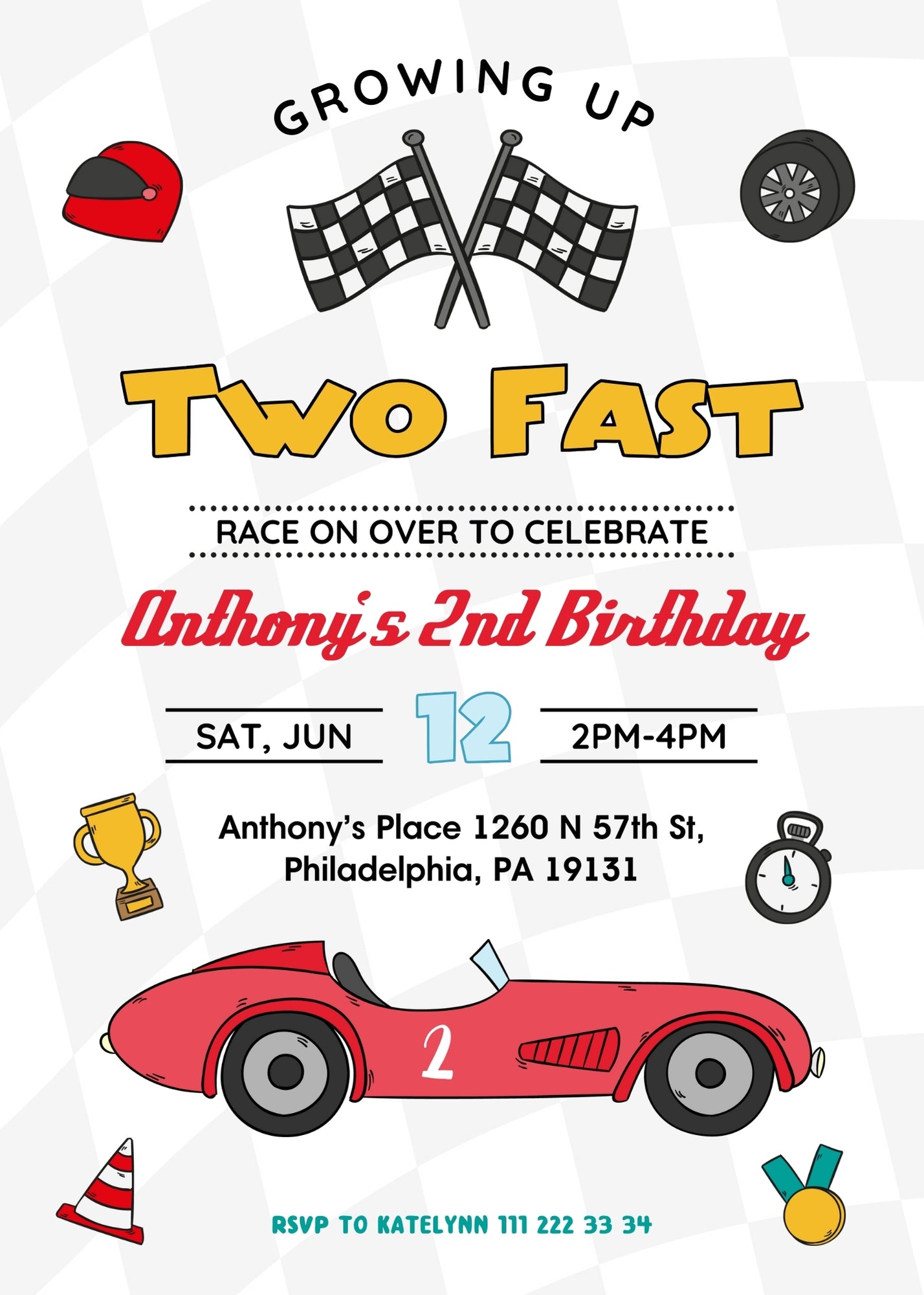 Race Car 2nd Bday Watercolor customizable invitation template | Share or Print | boy | XC604