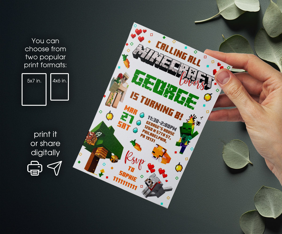Minecraft Gamer customizable invitation template | Share or Print | WS410