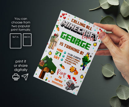 Minecraft Gamer customizable invitation template | Share or Print | WS410