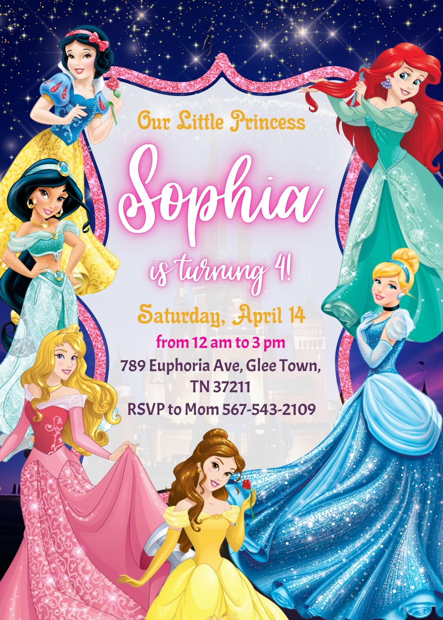Disney Princess customizable invitation template | Share or Print | girl | WH788