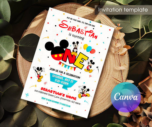 Mickey Mouse 1st Birthday customizable invitation template | Share or Print | SO367